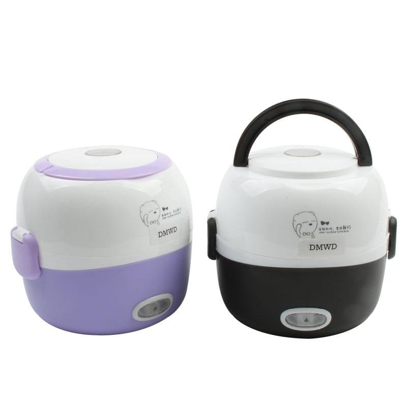 Zwei tragbare elektrische Lunchboxen, lila und schwarz, mit Griff, ideal für unterwegs.
