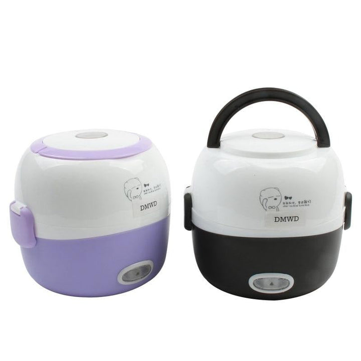 Zwei tragbare elektrische Lunchboxen, lila und schwarz, mit Griff, ideal für unterwegs.