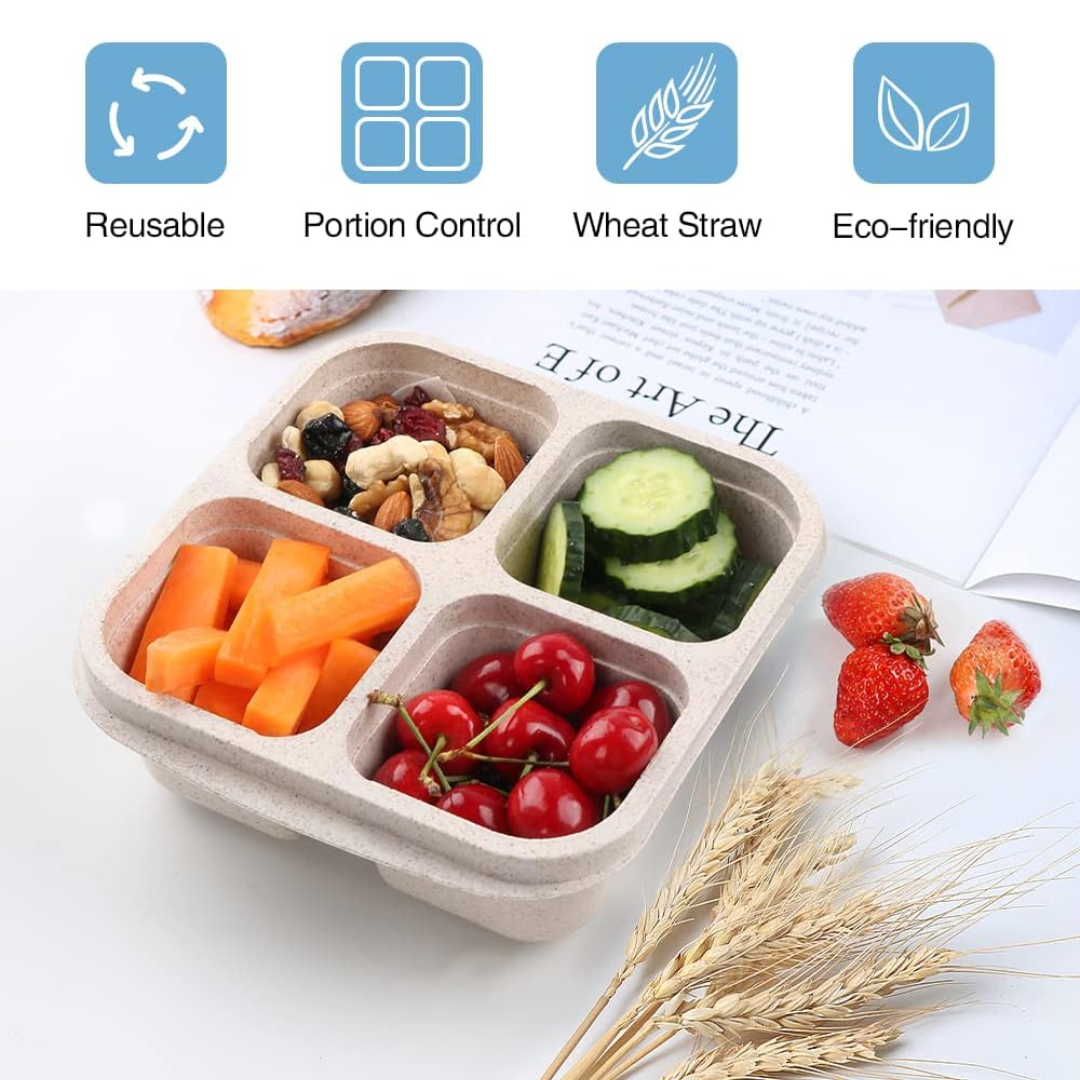 Umweltfreundliche Bento-Box aus Weizenstroh, wiederverwendbar, mit Portionskontrolle, beige.