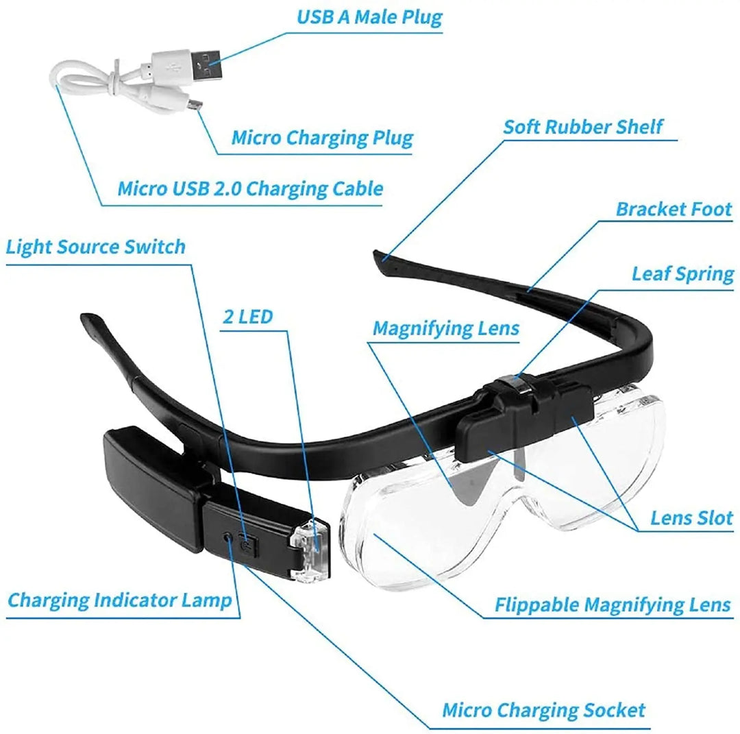 Vergrößerungsbrille mit LED, USB-Ladekabel, klappbare Linsen, Schwarz, für Präzisionsarbeiten.