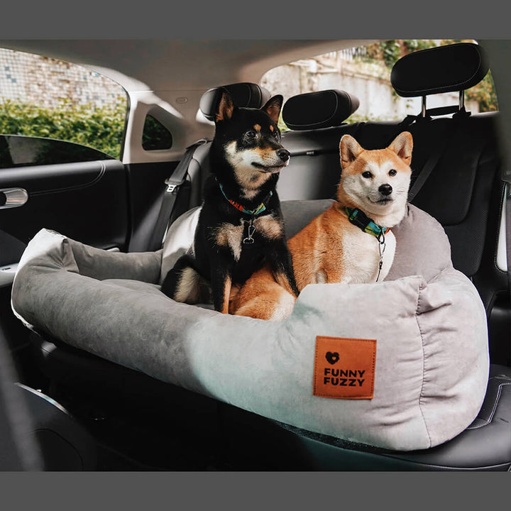 Hundebett Rücksitz Auto, grau, für mittelgroße bis große Hunde, Sicherheitsbolster, FunnyFuzzy.