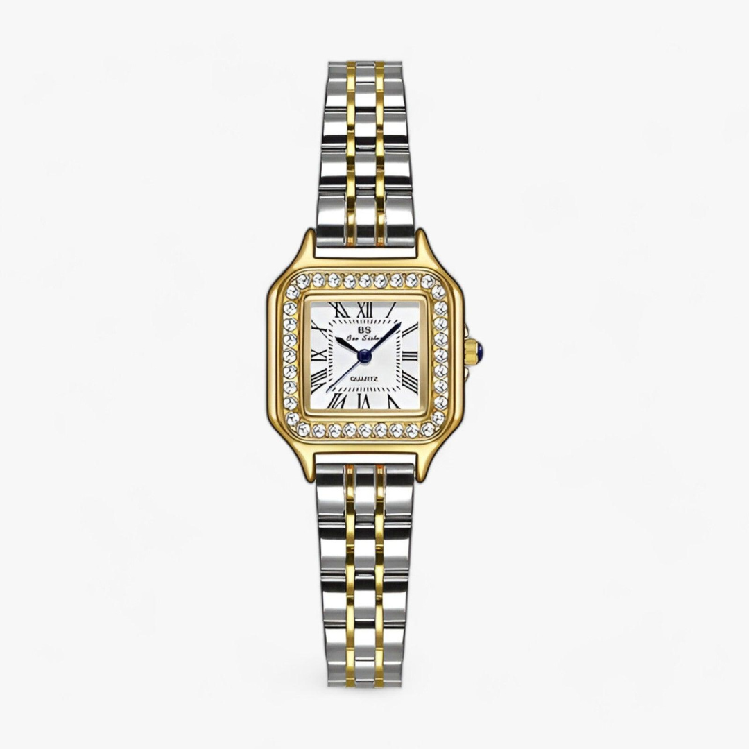 Luxus-Damenarmbanduhr, zweifarbig, quadratisches Zifferblatt, römische Ziffern, Strasssteine.
