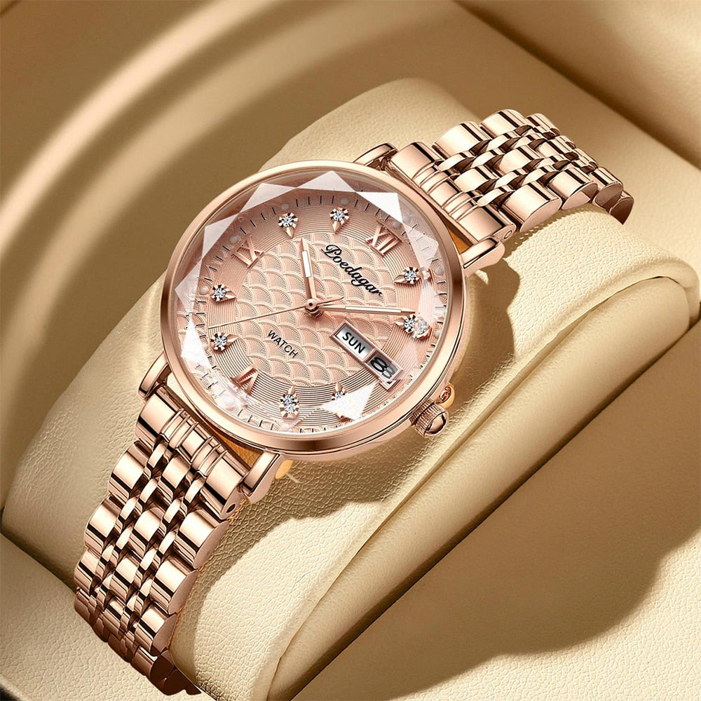 Luxus-Damenarmbanduhr, roségold, Edelstahl, Zifferblatt mit Diamantakzenten, Datumsanzeige