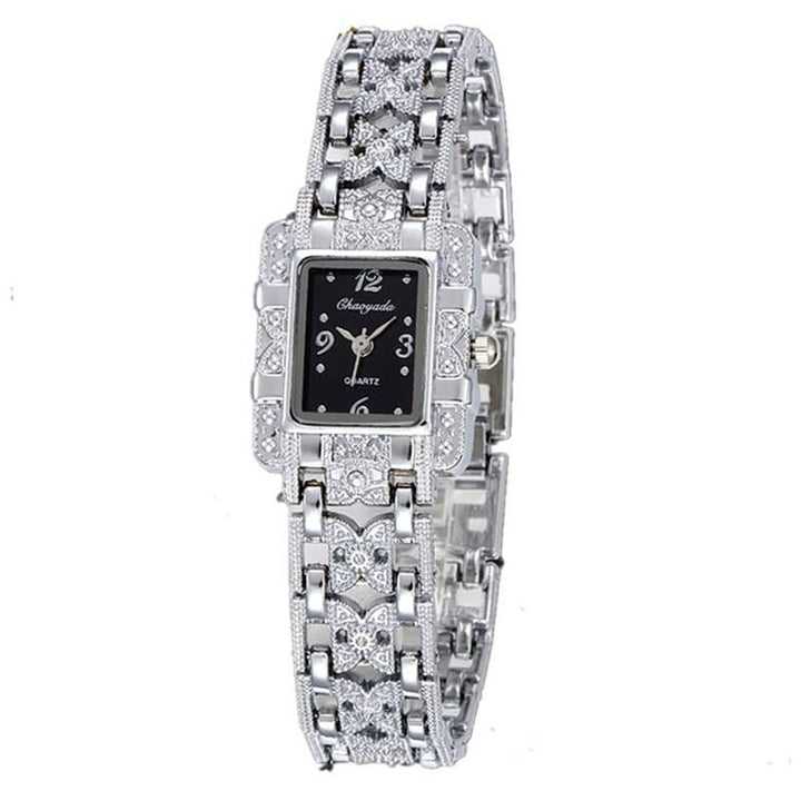 Luxus-Damenarmbanduhr, silber, rechteckiges Zifferblatt, Strasssteine, elegantes Design.