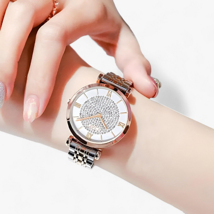 Luxus-Damenarmbanduhr, silber-roségold, Strass, römische Ziffern, elegantes Design.