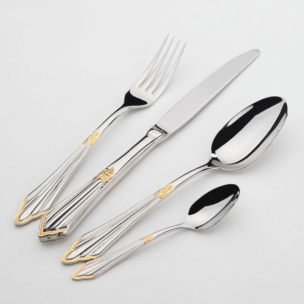Luxuriöses 24-teiliges Besteckset aus Edelstahl, goldverziert, Messer, Gabel, Löffel.