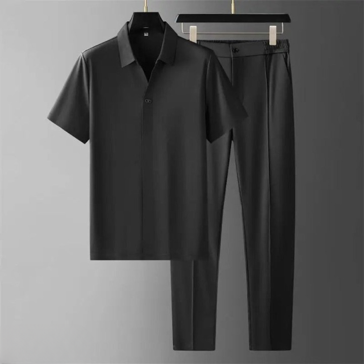 Schwarzes Herren-Luxus-Set, Hemd und Hose, elegant, kurzärmelig, hochwertig, modern.