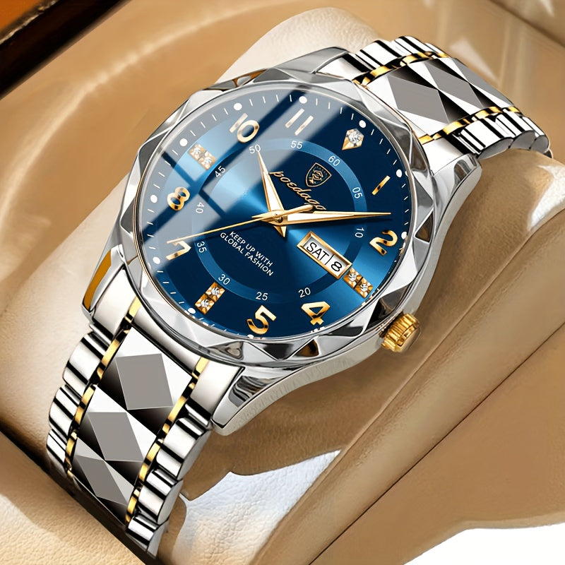 Luxus Herrenarmbanduhr, blaues Zifferblatt, Edelstahlarmband, goldene Akzente, analoges Display.
