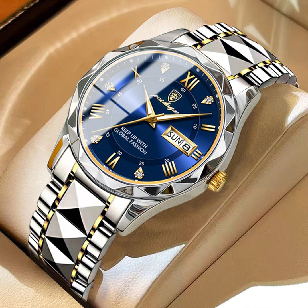 Luxus-Herrenuhr, silber-goldenes Edelstahlarmband, blaues Zifferblatt, römische Ziffern, Datum.