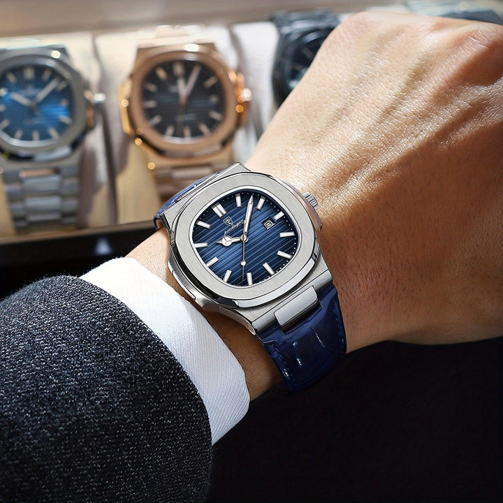 Luxus-Herrenuhr mit blauem Zifferblatt und silbernem Gehäuse, elegantes Design, Armbanduhr.