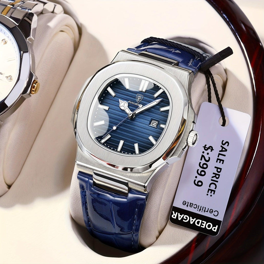 Luxus Herrenarmbanduhr, blaues Zifferblatt, Edelstahlgehäuse, Lederarmband, Pedometer.