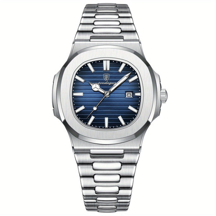 Luxus Herrenarmbanduhr, Edelstahl, blaues Zifferblatt, Datumsanzeige, elegantes Design