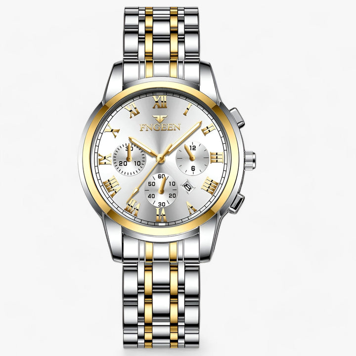 Luxus Herrenarmbanduhr, silber-gold, Edelstahl, Chronograph, römische Ziffern, stilvoll.