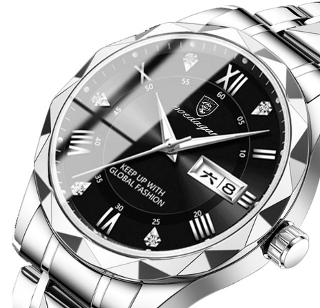 Luxus Herrenarmbanduhr, silbernes Edelstahlgehäuse, schwarzes Zifferblatt, römische Ziffern