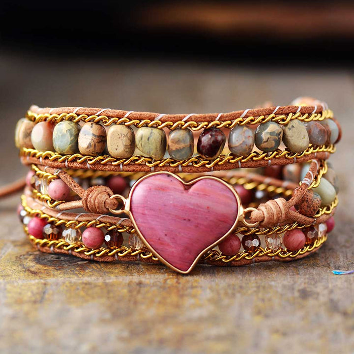 Herzförmiges Armband, Leder, Jaspis, Kristall, mehrsträngig, modisch, Damen-Schmuck.