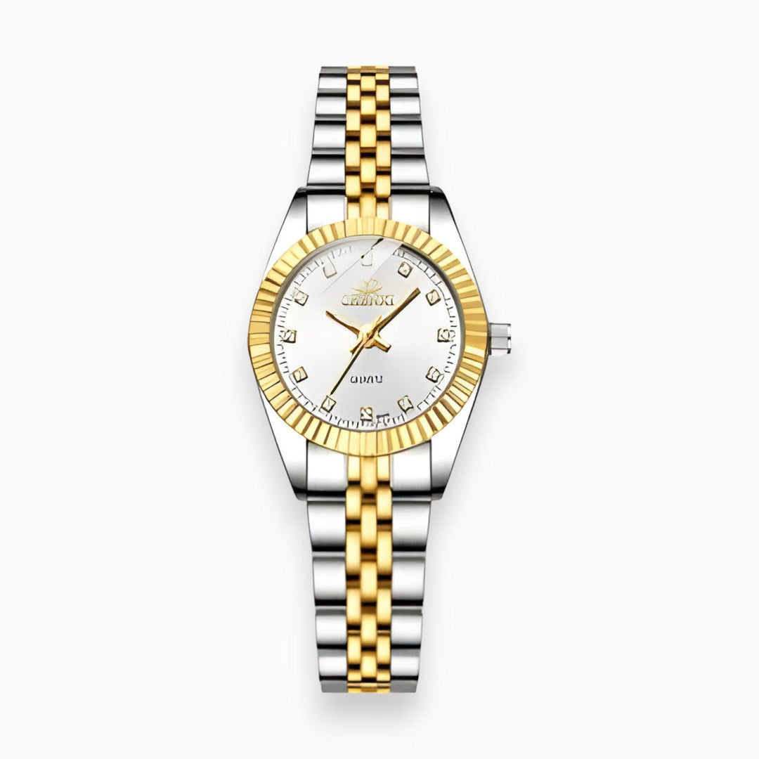 Luxus-Armbanduhr aus Edelstahl und Gold, weißes Zifferblatt, elegante Herrenuhr, Chronix.
