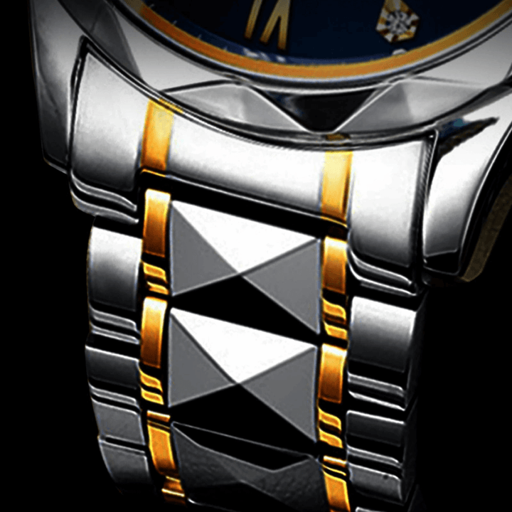 Luxus-Armbanduhr, Edelstahlarmband, silber-gold, geometrisches Design, Herrenaccessoire