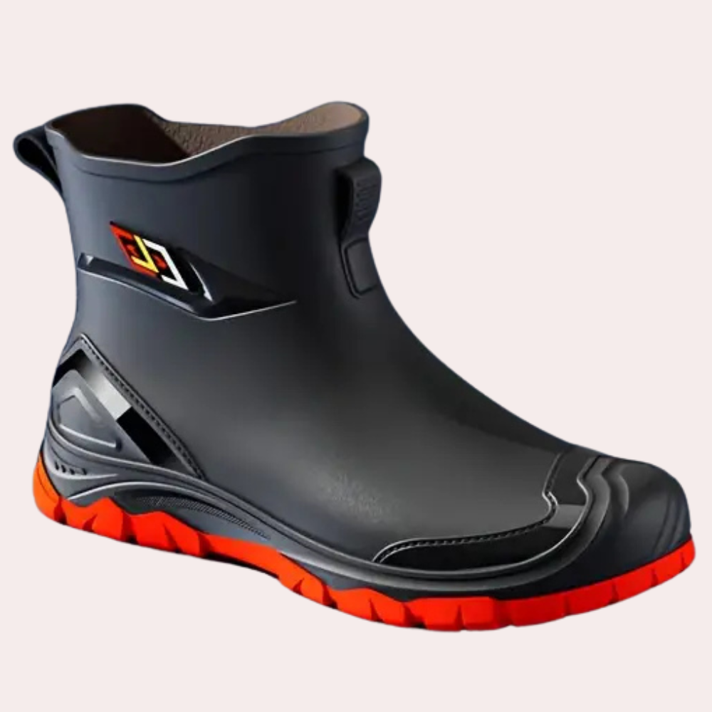 Schwarzer Gummistiefel mit roter Sohle, wasserdicht, rutschfest, für Outdoor-Aktivitäten.