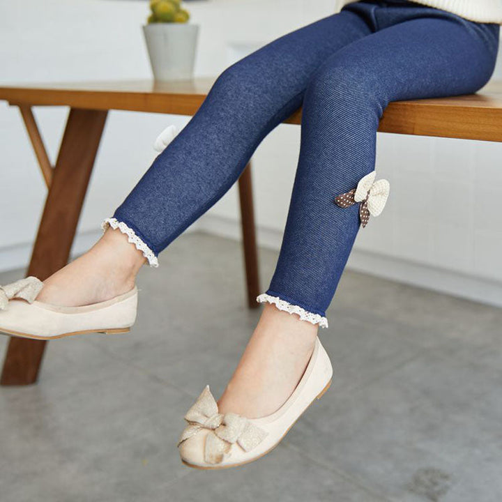 Mädchenjeans-Leggings mit Schleifen, dunkelblau, Spitze, Kinderbekleidung, modisch, bequem.
