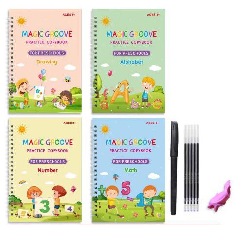 Vier Magic Groove Übungshefte für Vorschulkinder: Zeichnen, Alphabet, Zahlen, Mathematik.
