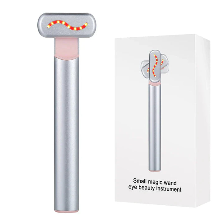 Silberner Augen-Massagegerät-Stab, Anti-Aging, tragbar, mit Verpackung, für Hautpflege.