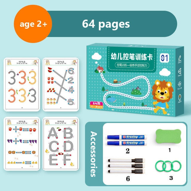 Herbruikbaar Kalligrafie Werkboek für Kinder, 64 Seiten, inkl. Stifte und Radiergummi, ab 2 Jahren.