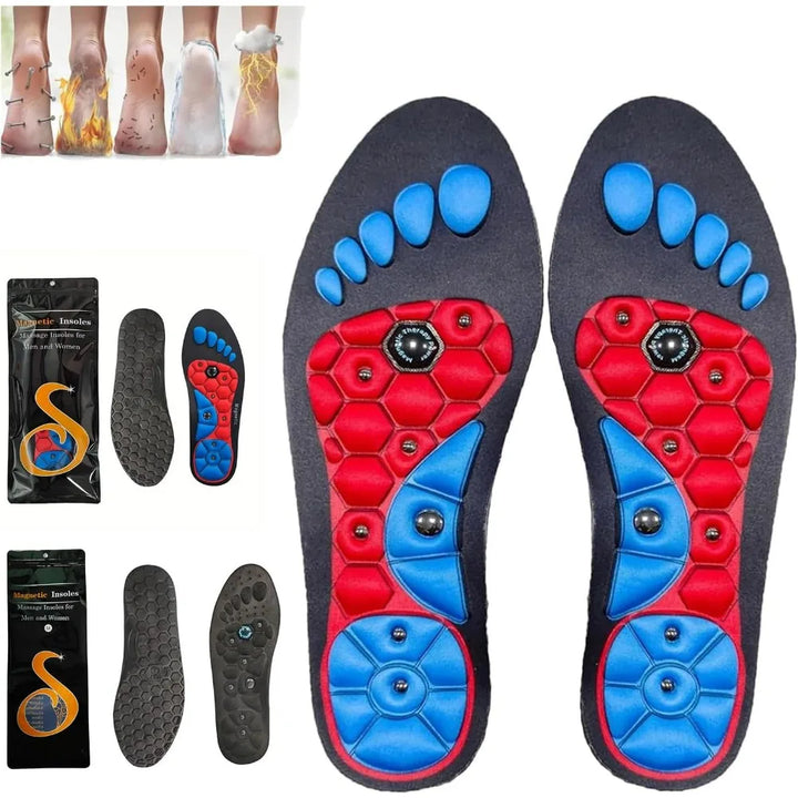 Magnetische Einlegesohlen, schwarz-rot-blau, Fußmassage, Akupressur, Schmerzlinderung.
