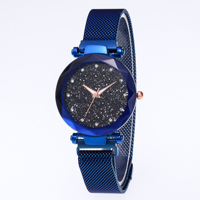 Luxus Damen Quarzuhr, blaues Gehäuse, Kristallzifferblatt, magnetisches Armband, Geschenkidee.