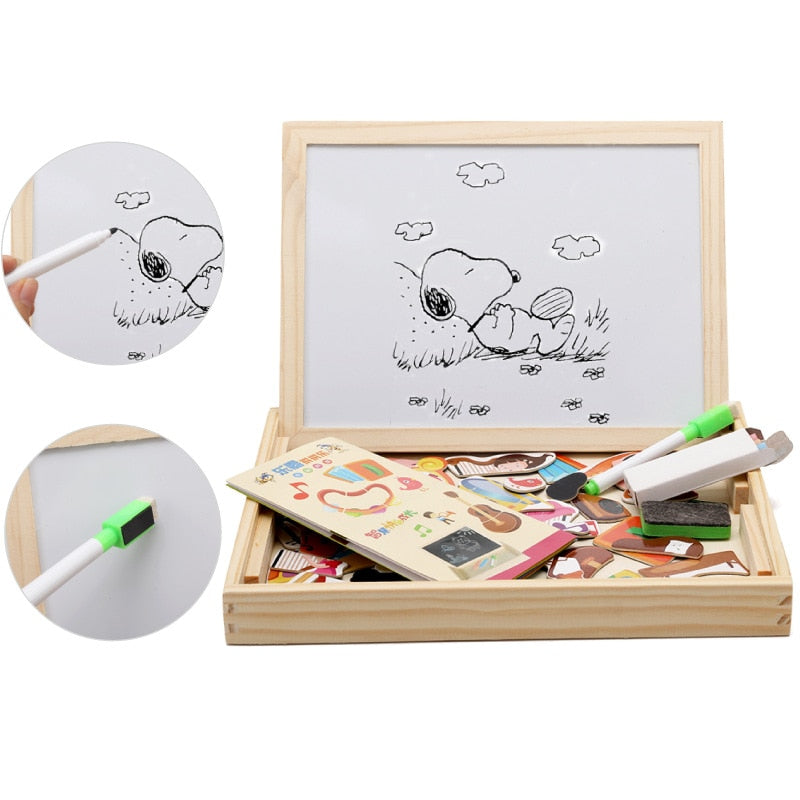 Holz-Magnettafel-Set mit Stiften, Radierer und bunten Magneten für Kinder.