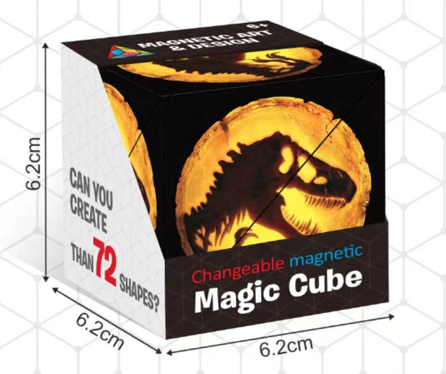 Magischer Würfel mit Dinosauriermotiv, magnetisch, 6,2 cm, 72 Formen, Geschenkbox.