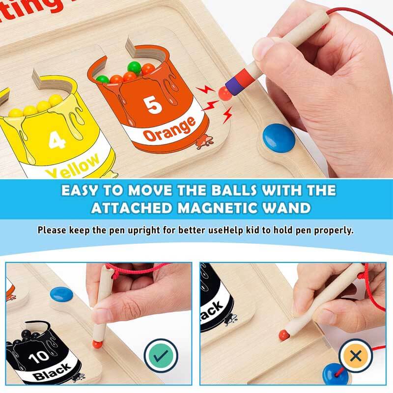 Magnetisches Holzspielzeug mit farbigen Kugeln und Stift, Lernspiel für Kinder.