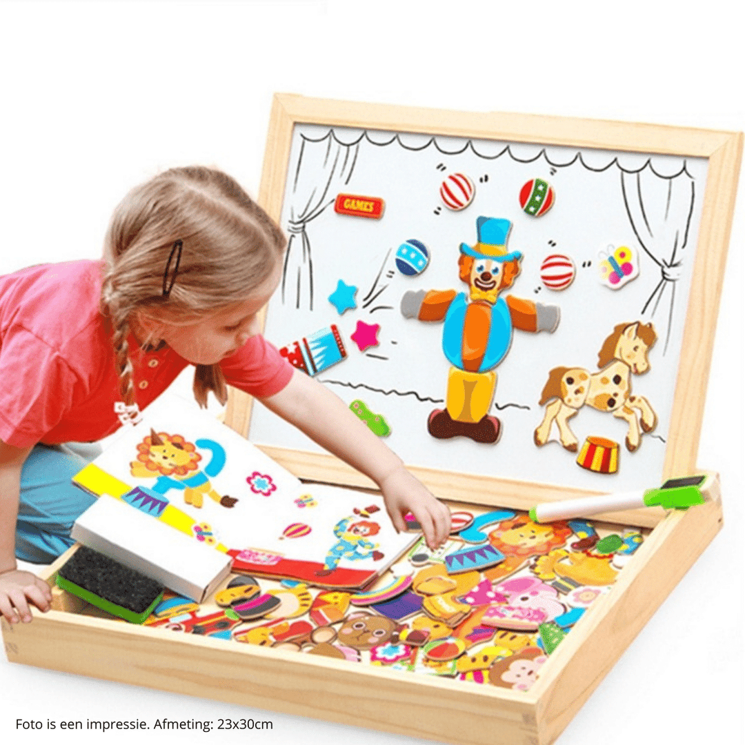 Mädchen spielt mit magnetischem Holzspielzeug-Set, Zirkus-Thema, 23x30cm, pädagogisch.