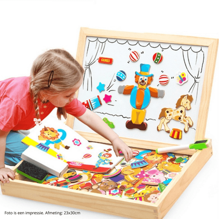 Mädchen spielt mit magnetischem Holzspielzeug-Set, Zirkus-Thema, 23x30cm, pädagogisch.