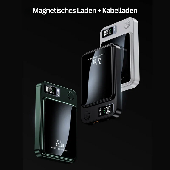 Schwarze und weiße Powerbanks mit LED-Anzeige, magnetisches und kabelgebundenes Laden.