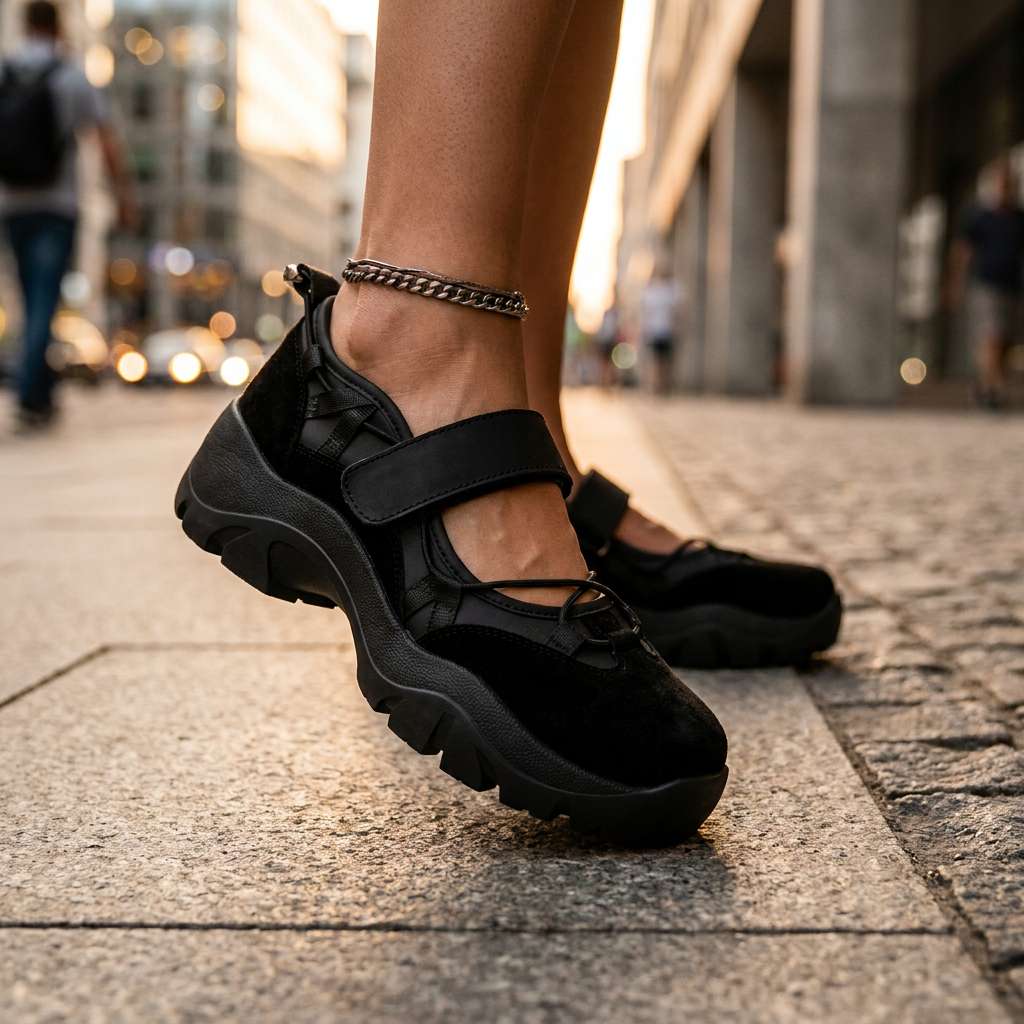 Černé mokasíny s páskem na suchý zip a masivní podrážkou, na nohou modelky s řetízkem na kotníku na městském chodníku. 13