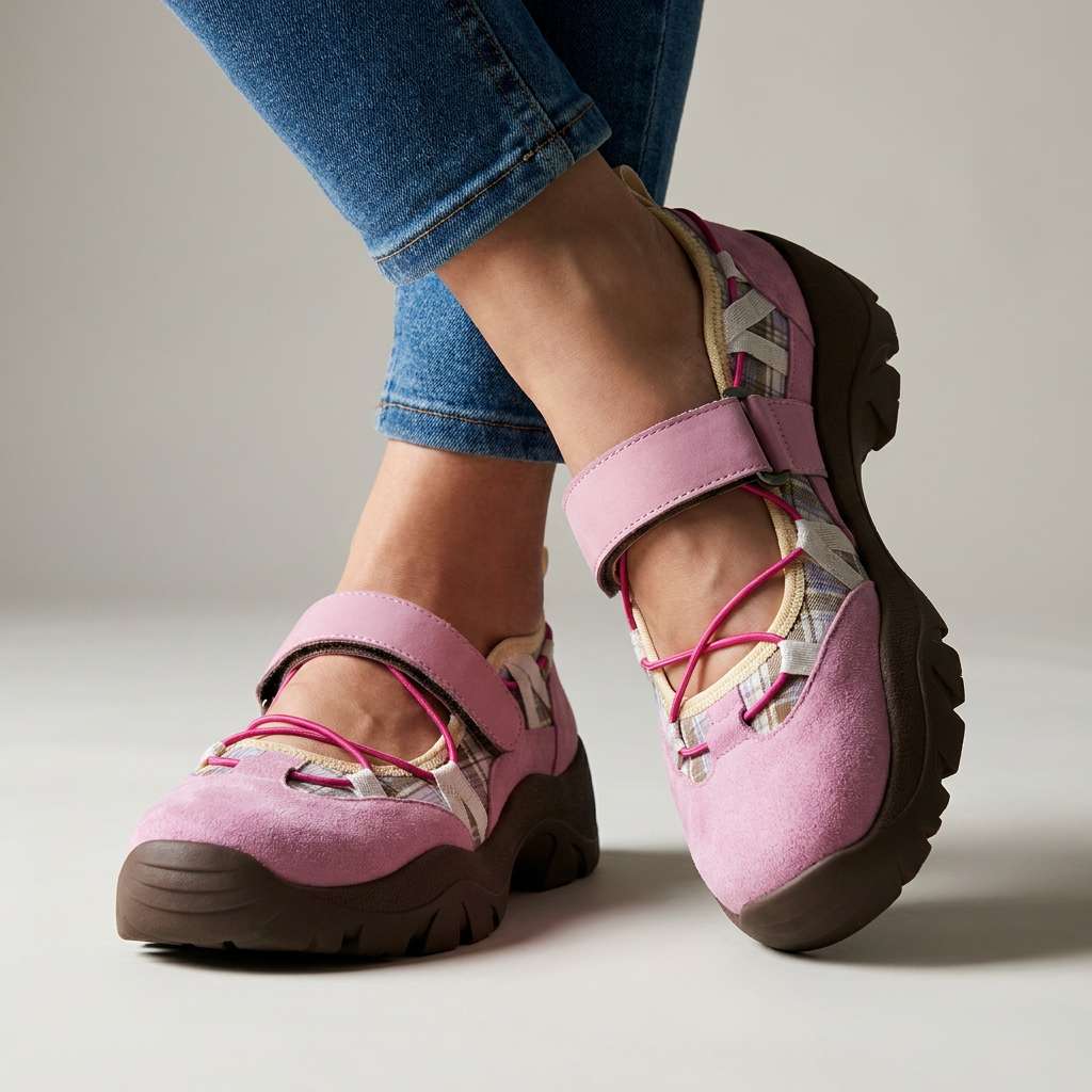 Růžové semišové mokasíny s páskem na suchý zip, sytě růžovými gumičkami a kostkovanými vložkami, na nohou modelky v džínách. 4
