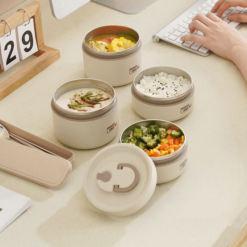 Beige isolierte Essensbehälter-Set, tragbar, mit Deckel, ideal für Mahlzeiten unterwegs.