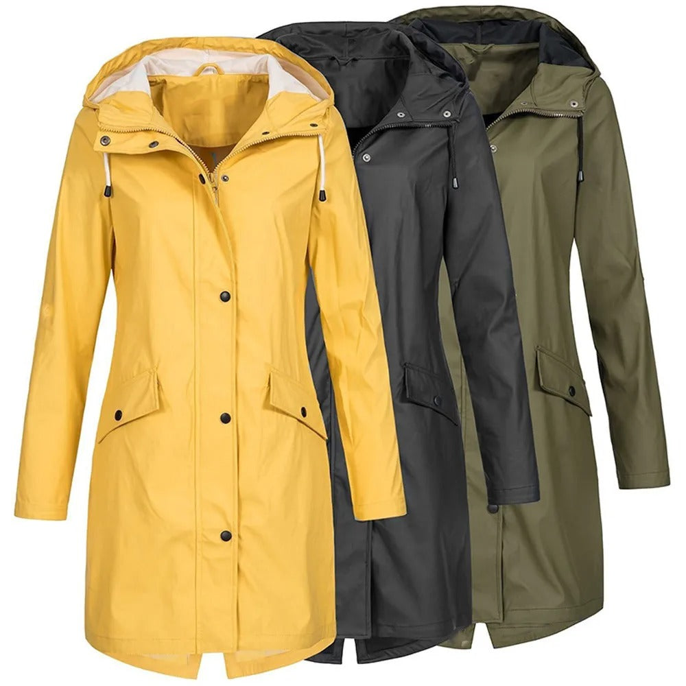 Damen Regenmantel Set, gelb, schwarz, grün, wasserdicht, Kapuze, Outdoor-Bekleidung.