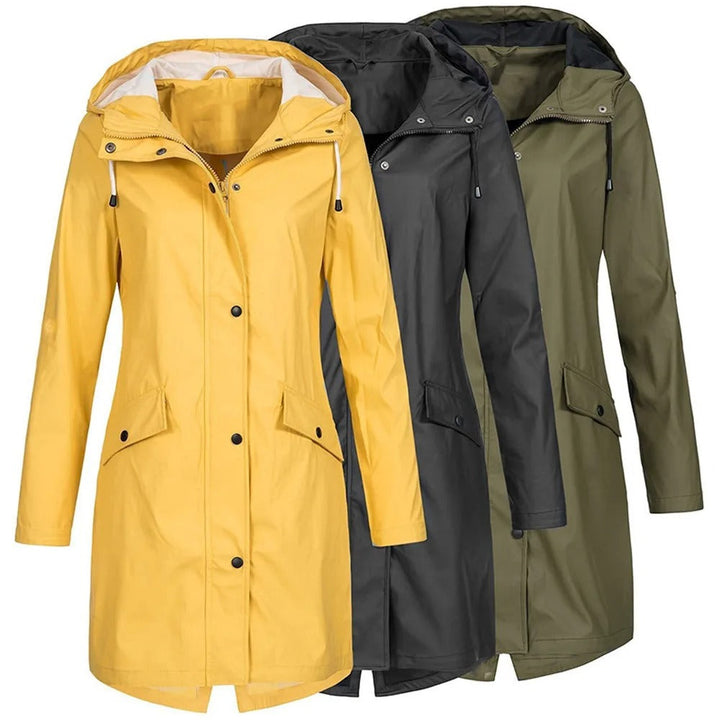 Damen Regenmantel Set, gelb, schwarz, grün, wasserdicht, Kapuze, Outdoor-Bekleidung.