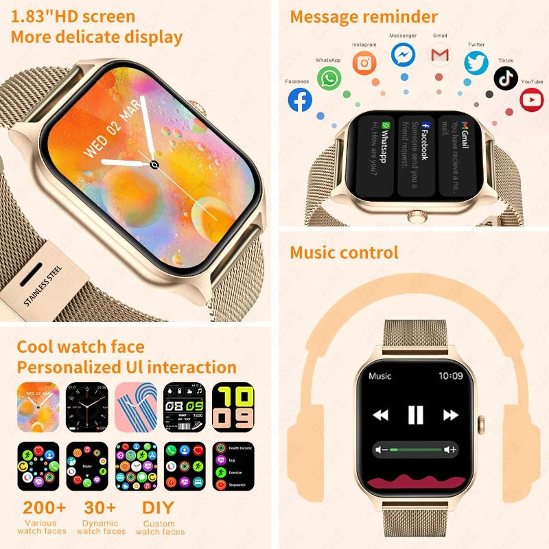 Smartwatch mit 1,83" HD-Display, Musiksteuerung, Nachrichtenbenachrichtigung, personalisierbare Zifferblätter.