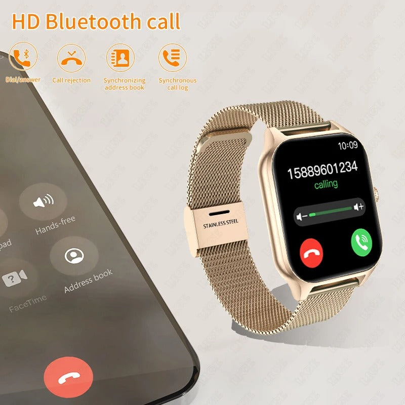 Goldene Smartwatch mit HD Bluetooth-Anruf, Edelstahlarmband, Anrufanzeige, Touchscreen.