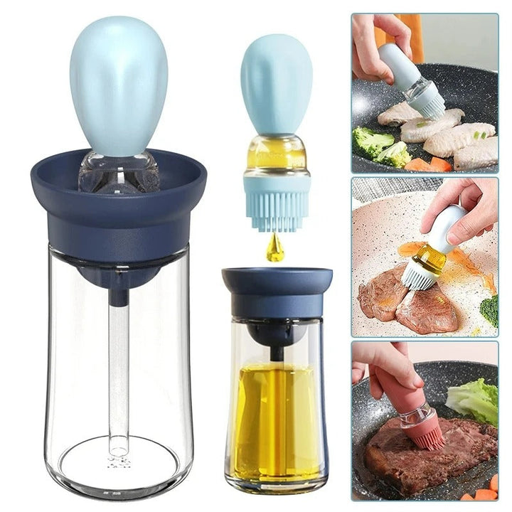 Ölspender mit Silikonpinsel, blau, Glasbehälter, ideal zum Kochen und Grillen.