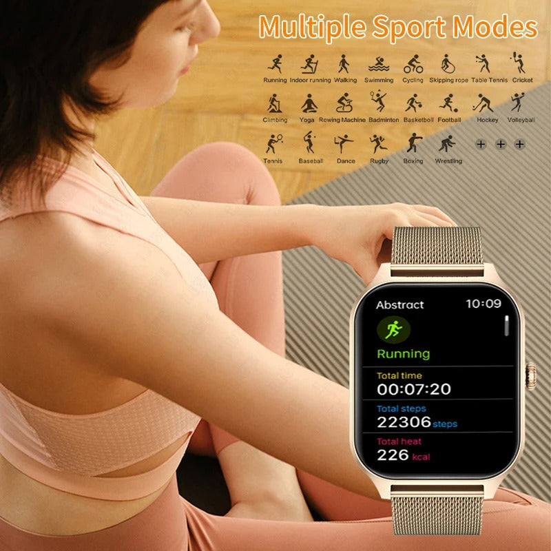 Frau mit Smartwatch, goldfarben, Fitness-Tracking, Sportmodi, Laufen, Schritte, Kalorien.
