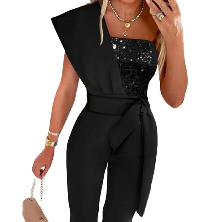 Eleganter schwarzer Jumpsuit mit Pailletten-Top und Gürtel, Damenmode, Abendkleidung.