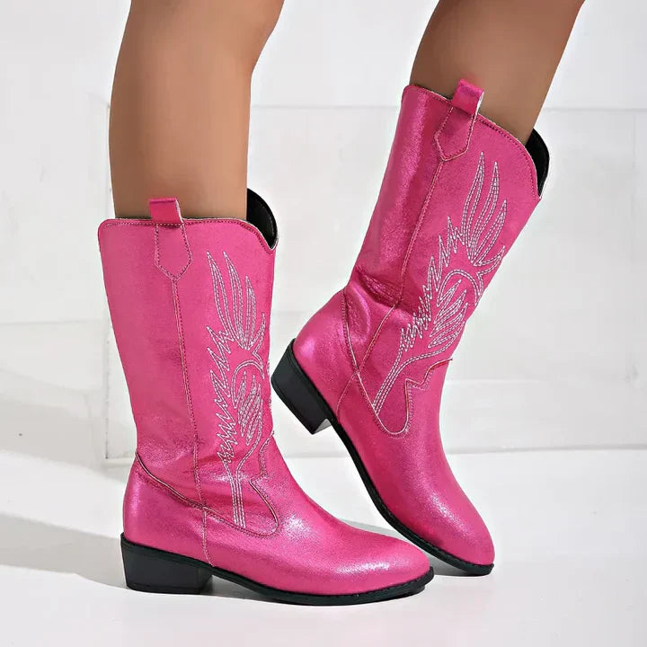 Pinkfarbene Cowboystiefel Damen, Leder, Stickerei, modisch, Westernstil, Absatz, trendy.