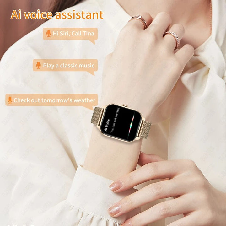 Frau mit goldener Smartwatch, Sprachassistent, elegante Kleidung, Technologie, KI-Funktionen.