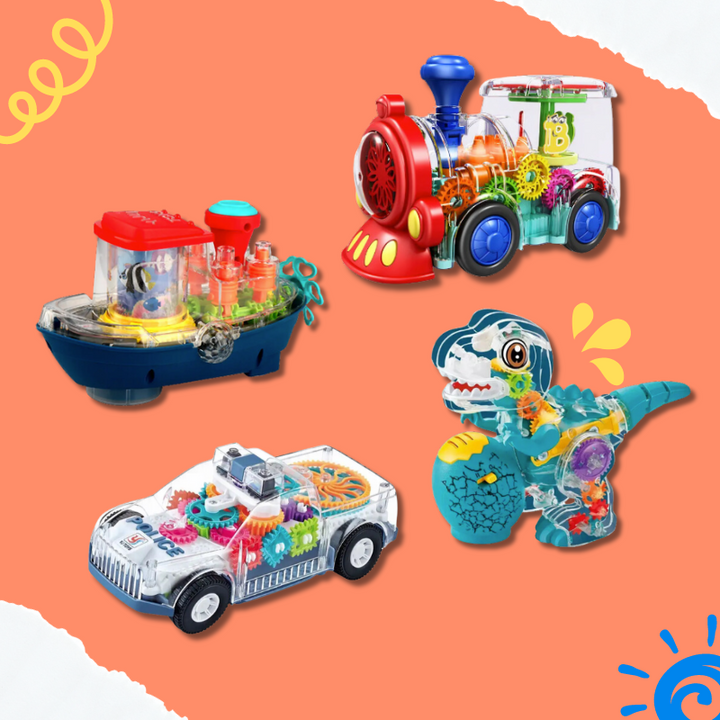 Transparente Spielzeugfahrzeuge und Dinosaurier mit Zahnrädern auf orangefarbenem Hintergrund.