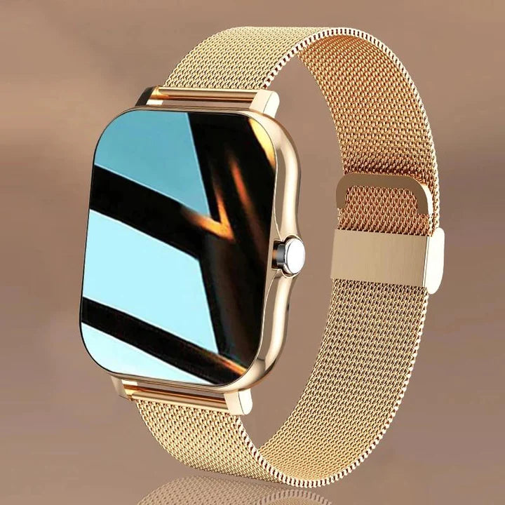 Goldene Smartwatch mit Mesh-Armband, 1,69 Zoll Touchscreen, Fitness-Tracker, Bluetooth-Anruf.