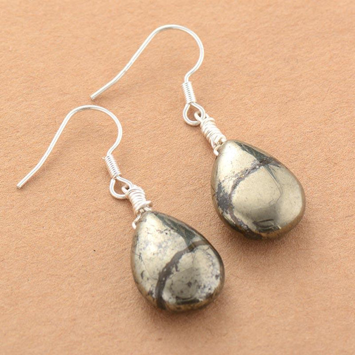 Pyrit-Tropfen-Ohrringe für Damen, eleganter Schmuck, Geschenkidee, silberne Haken.