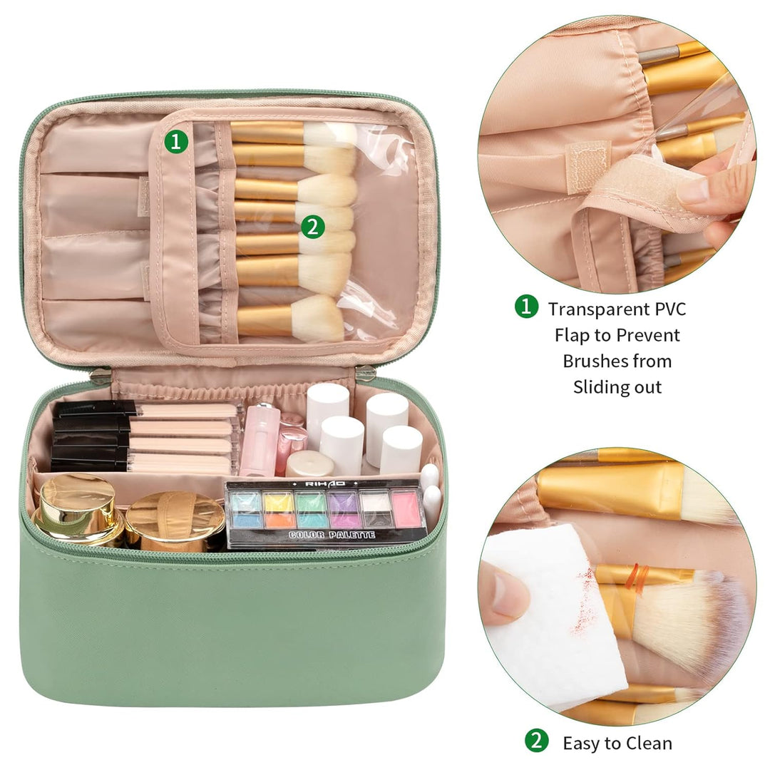 Grüne Kosmetiktasche mit Make-up-Pinseln, Fächern und Reißverschluss, ideal für Reisen.